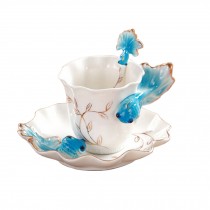 Beautiful Ceramic Tea Mug Coffee Cup with Saucer Spoon blue goldfish