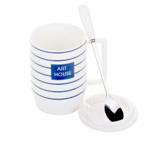 White Blue Stripe Creative Ceramic Coffee Tea Mug Cup with Lid Spoon