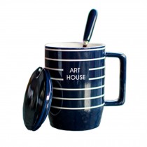 Coffee Tea Mug Cup with Lid Spoon Creative Blue White Stripe Ceramic