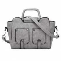 Vintage PU Leather Handbag Shoulder Bag Tote Purse Ladies Bag, Light Grey
