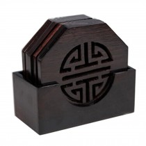 Octagon Shaped  Set of 6 Rosewood Drink Coasters with Round Holder ,Dark  Brown