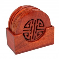 Round  Shaped  Set of 6 Rosewood Drink Coasters with Round Holder ,Light  Brown