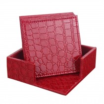 Set of 6 PU Leather Square CROCO Drink Coasters Cup Coaster with a Holder,Red