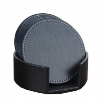 Set of 6 PU Leather Round Drink Coasters Cup Coaster with a Holder,Black