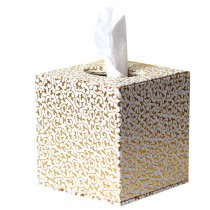 Square Cute Tissue Box Holder With Gold Carved Patterns (White)