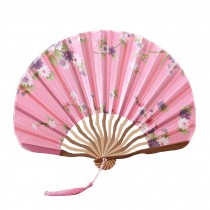 Chinese Style Blooming Flowers Design Silk Folding Fan Bamboo Fan Pink