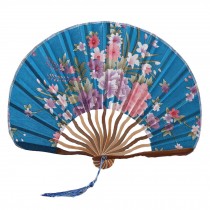 Chinese Style Blooming Flowers Design Silk Folding Fan Bamboo Fan Blue