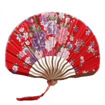 Chinese Style Blooming Flowers Design Silk Folding Fan Bamboo Fan Red