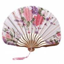 Chinese Style Blooming Flowers Design Silk Folding Fan Bamboo Fan White