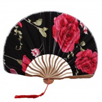 Chinese Style Blooming Flowers Design Silk Folding Fan Bamboo Fan Black