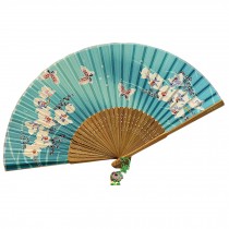 Beautiful Japanese Design Handheld Folding Fan Cherry Blossoms & Butterfly Blue