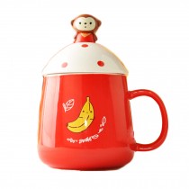 Red Mug  with Cartoon Monkey Spoon Special Design Homemade Milk Coffee Tea