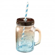 Gradient Blue Mug Artcraft Glass Drink Juice Milk with Straw Kitchen Decor