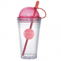 Fruit juice cup lid, Double plastic cups, Straw cup juice, Pink