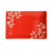 Rectangle Ceramic Dinner Plate Creative Japanese Sushi Plate With Flower, Red