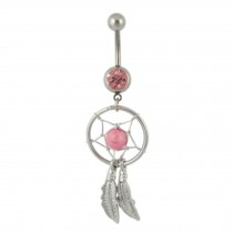 316L Steel Crystal Dream catcher Chain Dangle Navel Belly Button Ring Pink