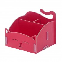 DIY Wooden Cosmetics Storage Box/ Cute Cat Desktop Organizer Box,Rose Red