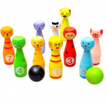 Solid Wood Bowling Ball Set, 2 Balls And 10 Pins, Cute Animals
