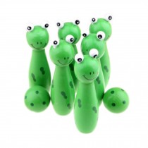 Solid Wood Bowling Ball Set, 2 Balls And 6 Pins, Green Frogs