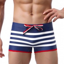 Men's Middle Striped Swimwear Sport Shorts Tie Rope Swim Trunks ,Dark Blue