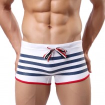Men's Swimwear Tie Rope Swim Trunks Middle Striped Swim Shorts,White