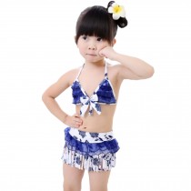 Blue and White Flowers Little Girls Swimsuit Kids Two-pieces Bikini Swimwear 5T