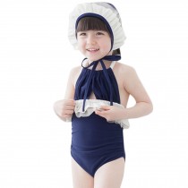 Princess Style Girls Swimsuit Kids Lovely One-piece Swimwear-Navy/White