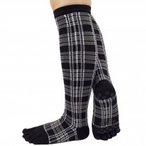 Knee High Socks Non Slip Yoga Socks Cotton  Yoga Full Toe Socks, Black Grid