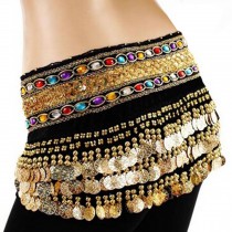 Gold Coins Belly Dance Hip Scarf Vogue Style, Sheer And Elegant,Black