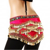 Gold Silver Coins Belly Dance Hip Scarf Vogue Style, Elegant,Rose Red