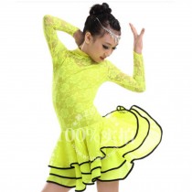 New Girls' Party Dancing Dress Latin Costume long sleeve Lace,110cm-120cm,Yellow
