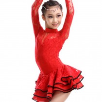 New Girls' Party Dancing Dress Latin Costume long sleeve Lace,110cm-120cm,Red