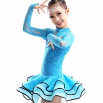 New Girls' Party Dancing Dress Latin Costume long sleeve Lace,110cm-120cm,Blue