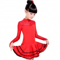 Little Girls' Lace Tutu Dress Latin Dress Party Dresses Long Sleeve 120cm Red