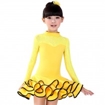 Little Girls' Lace Tutu Dress Latin Dress Party Dresses Long Sleeve 120cm Yellow