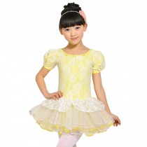 Little Girls' Lace Tutu Dress Ballet Party Dress Short Sleeve Yellow Rose 130cm