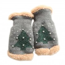 Lovely Women's/Girls Winter Fingerless Knitted Gloves Christmas Tree Pattern, Grey