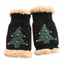 Lovely Women's/Girls Winter Fingerless Knitted Gloves Christmas Tree Pattern, Black