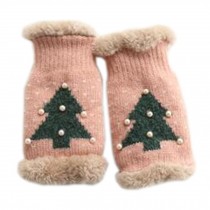 Lovely Women's/Girls Winter Fingerless Knitted Gloves Christmas Tree Pattern, Pink