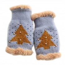Lovely Women's/Girls Winter Fingerless Knitted Gloves Christmas Tree Pattern, Blue