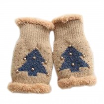 Lovely Women's/Girls Winter Fingerless Knitted Gloves Christmas Tree Pattern, Khaki