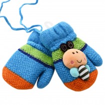 1 Pair Kids' Winter Glove Knitted Mittens With Sling(0-3 Years) Bee Blue