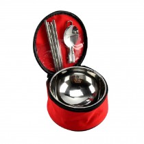 Camping Tableware Set Stainless Steel Spoon Bowl Chopsticks(Round Red Box)