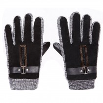 Men's Winter Warm Pigskin Knitting Buckle Fingers Gloves,Black