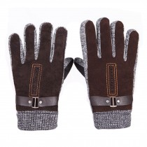Men's Winter Warm Pigskin Knitting Buckle Fingers Gloves,Brown