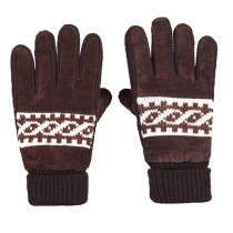 Men's Winter Warm Pigskin Knitting  Wave Pattern Fingers Gloves,Brown