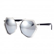 Unique Style Eyewear Mirrored Lens Polygon Metal Frame Sunglasses, Silvery