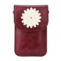 Cute PU Leather Cell Phone Bag Single Shoulder Bag With Flower, Wine Red