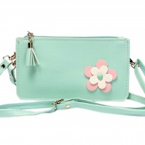Ladies Single Shoulder Bag PU Leather Cell Phone Bag With Flower, Green