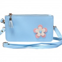 Ladies Single Shoulder Bag PU Leather Cell Phone Bag With Flower, Blue